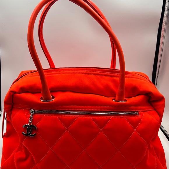 PRE-LOVE CHANEL PARIS BIARRITZ NEON ORANGE NYLON BOWLER BAG - Picture 1 of 16